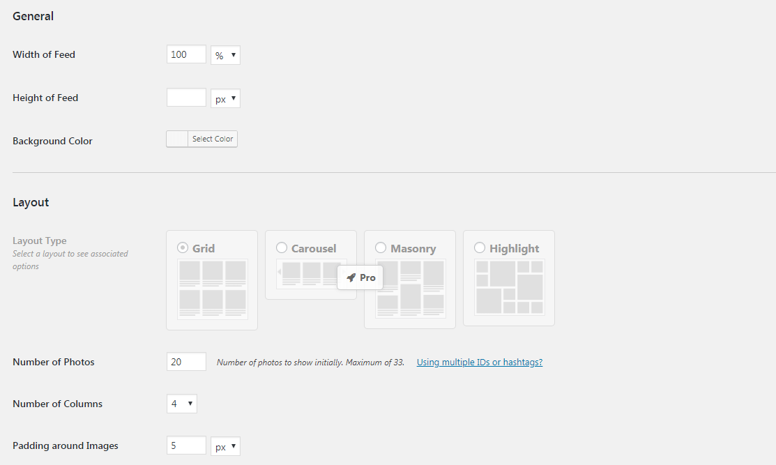 The Instagram Feed plugin's extended settings.