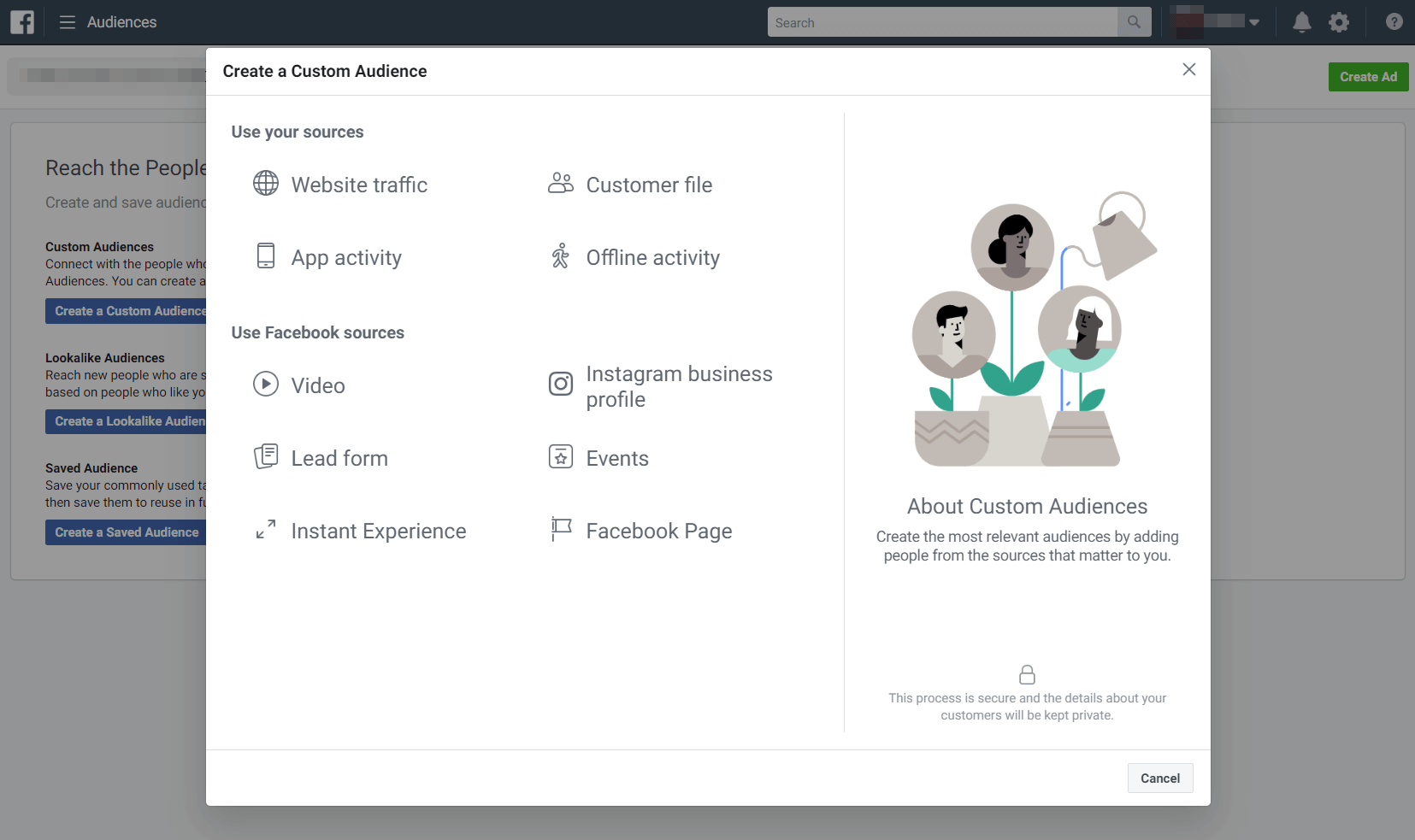 Custom audience options on Facebook.