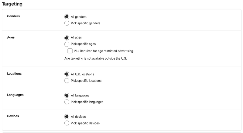 The various options you can adjust to target your chosen audience with your ads.