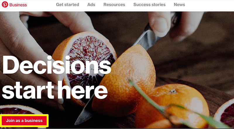 The Pinterest homepage, with the Join as a Business CTA clearly highlighted. 
