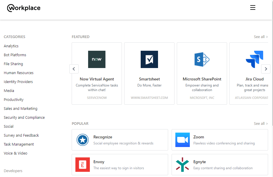 A look at some of Workplace's available integrations.